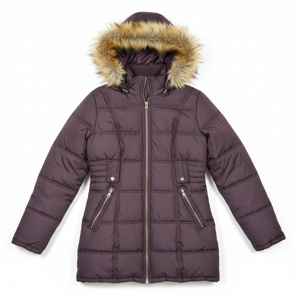 Lane Bryant Puffer Jacket 14/16 Purple Faux Fur Trim Hood Quilted Coat
